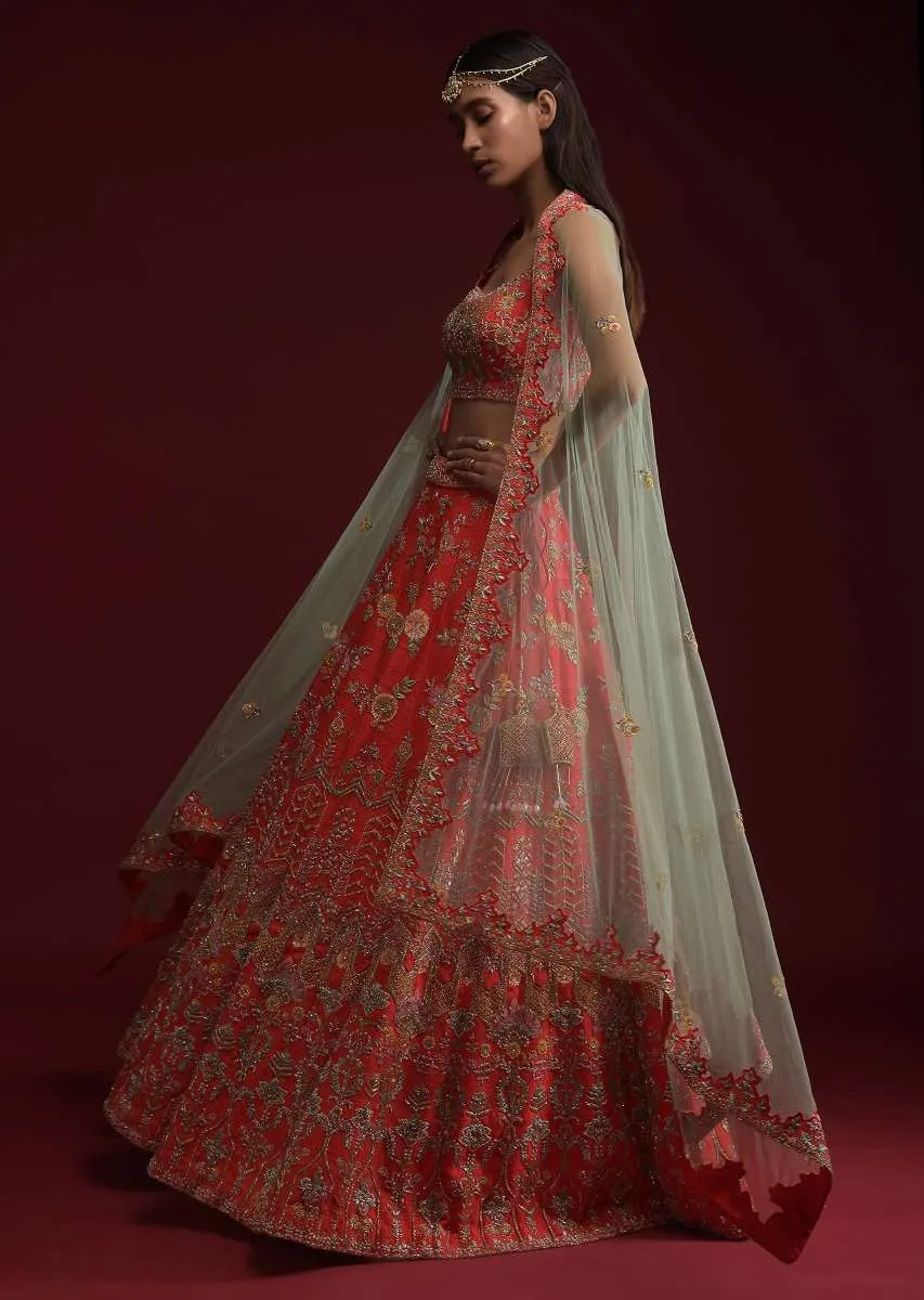 Coral Lehenga Choli In Raw Silk With Hand Embossed Embroidery In Floral And Geometric Motifs Online - Kalki Fashion