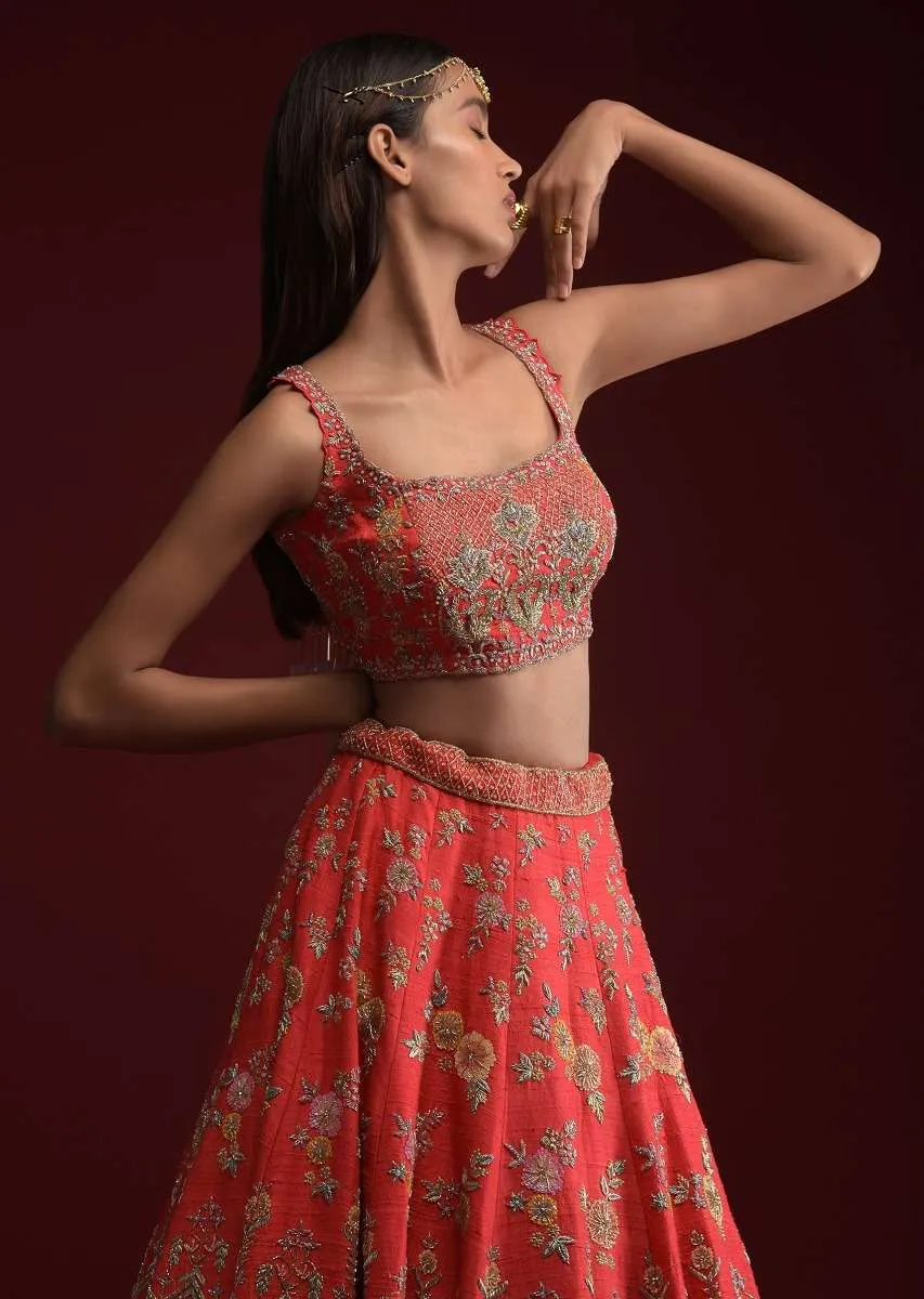 Coral Lehenga Choli In Raw Silk With Hand Embossed Embroidery In Floral And Geometric Motifs Online - Kalki Fashion