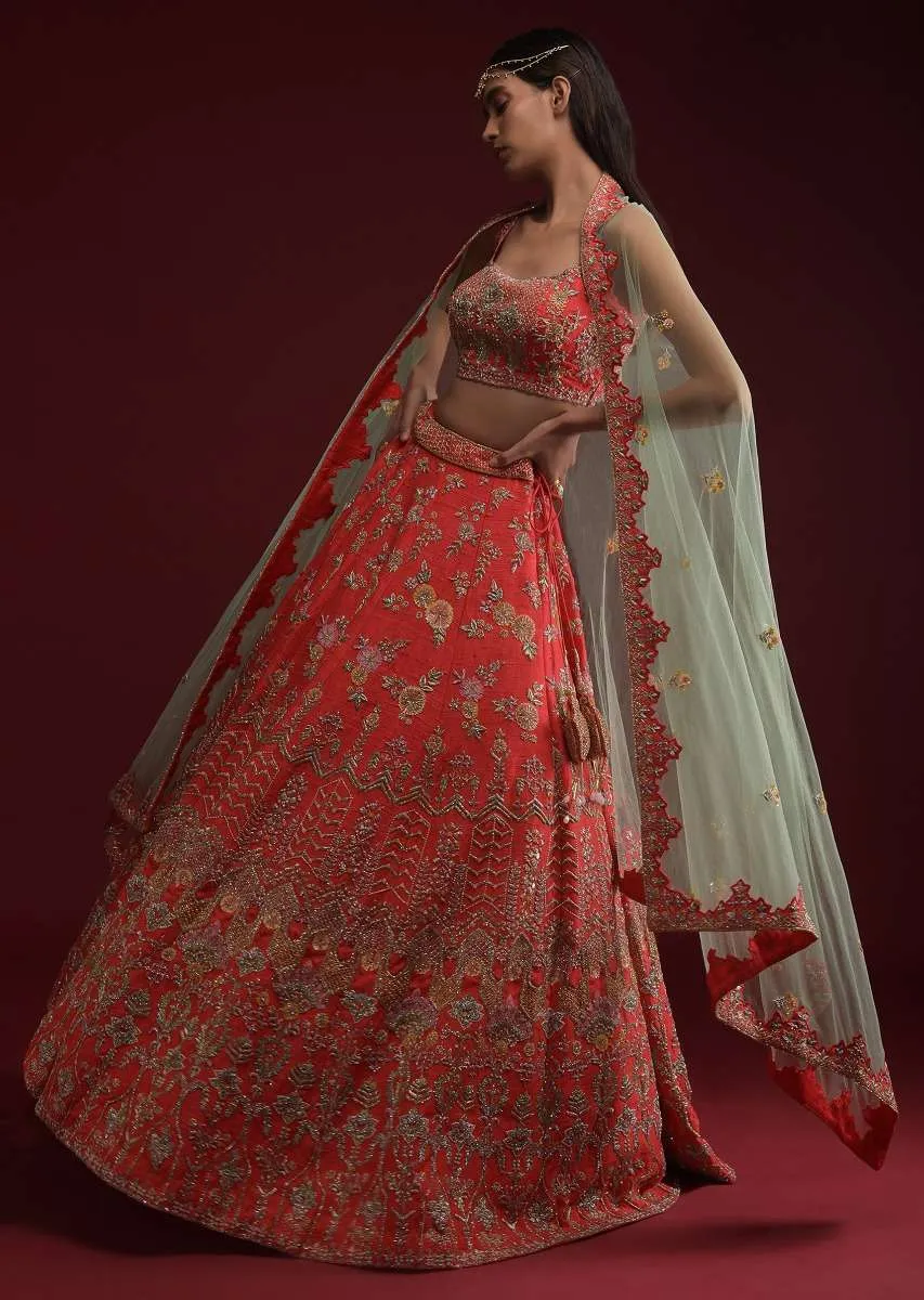 Coral Lehenga Choli In Raw Silk With Hand Embossed Embroidery In Floral And Geometric Motifs Online - Kalki Fashion