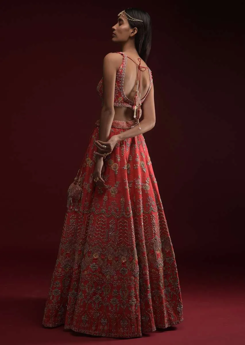 Coral Lehenga Choli In Raw Silk With Hand Embossed Embroidery In Floral And Geometric Motifs Online - Kalki Fashion