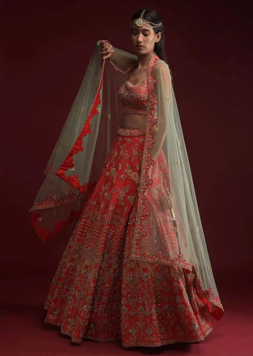 Coral Lehenga Choli In Raw Silk With Hand Embossed Embroidery In Floral And Geometric Motifs Online - Kalki Fashion