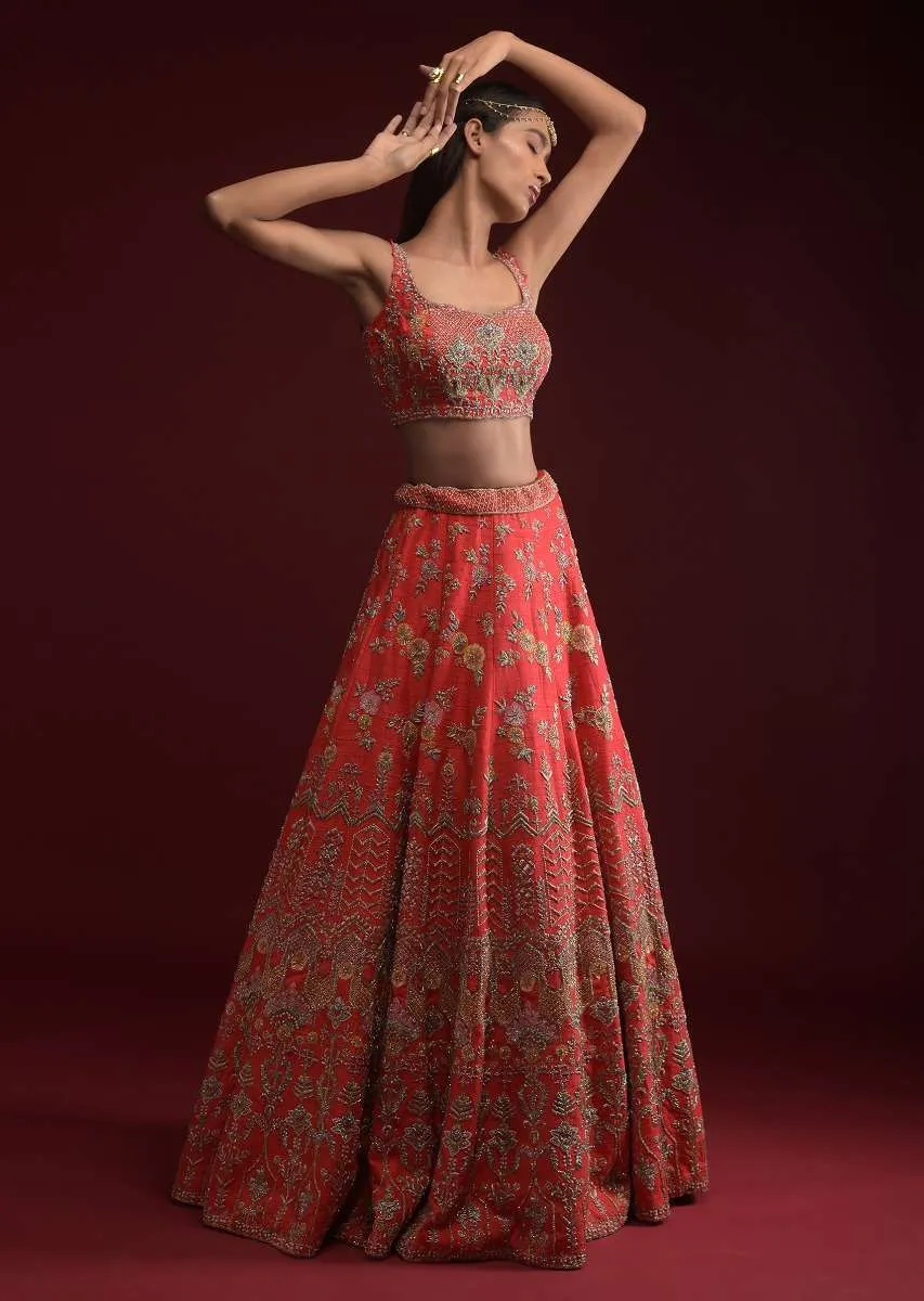 Coral Lehenga Choli In Raw Silk With Hand Embossed Embroidery In Floral And Geometric Motifs Online - Kalki Fashion
