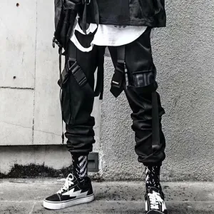 DEANWANGKT Mens Vintage Hip Hop Style Baggy Jeans Joggers Cargo Pants For Men Casual Hip Hop Hit Color Pocket Male Trousers Sweatpants Streetwear Ribbons Techwear Pants