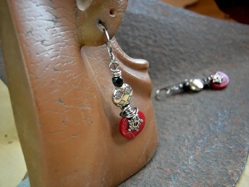 Dramatic Red Coral & Obsidian Earrings, Sterling Wire Wrap