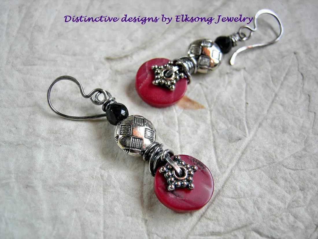 Dramatic Red Coral & Obsidian Earrings, Sterling Wire Wrap