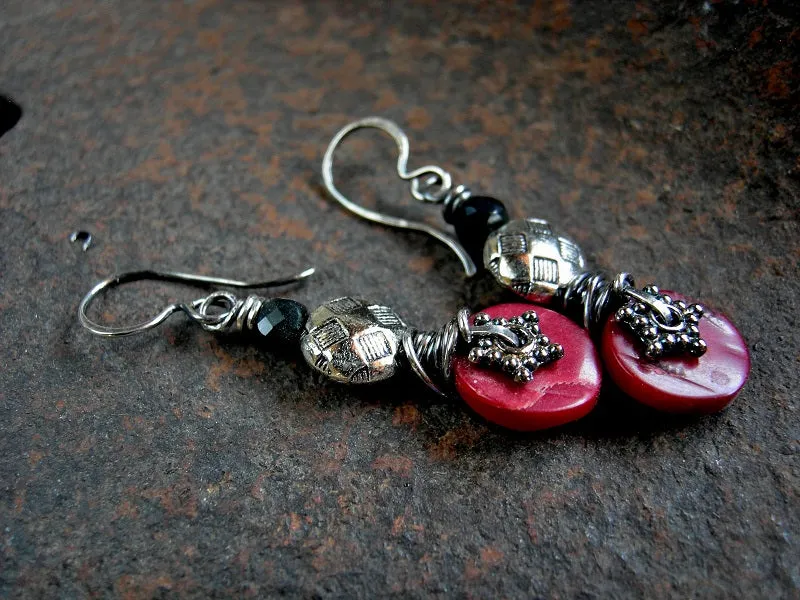 Dramatic Red Coral & Obsidian Earrings, Sterling Wire Wrap