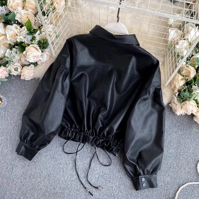 leather jacket women's retro big pocket short jacket     S4567