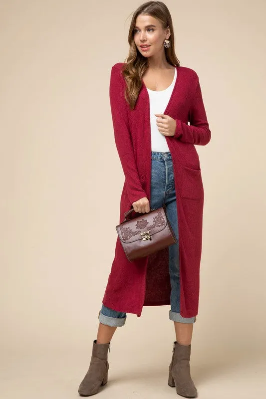 Open front crimson cardigan with pockets in S-L