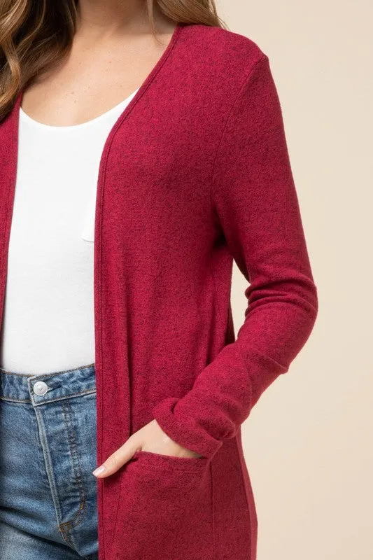 Open front crimson cardigan with pockets in S-L