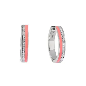 Platinum finish sterling silver micropave hoop earrings with coral enamel and simulated diamonds