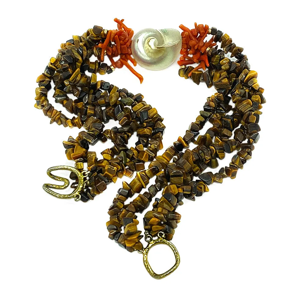 Tiger's Eye Necklace with Coral and Shell