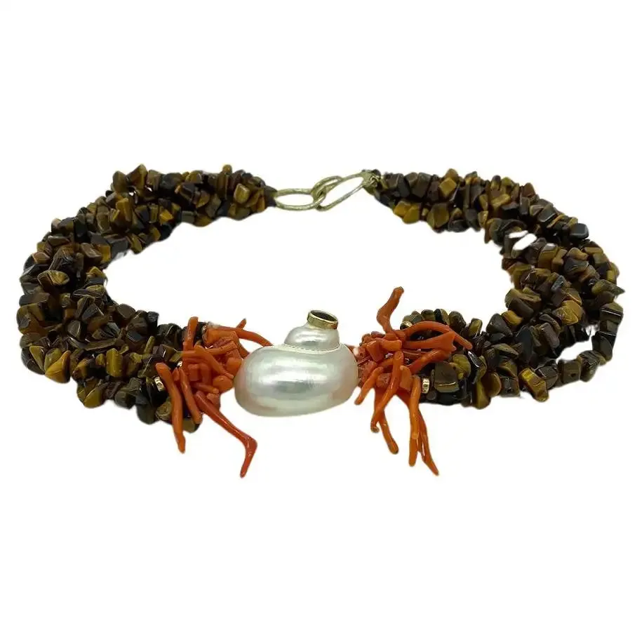 Tiger's Eye Necklace with Coral and Shell