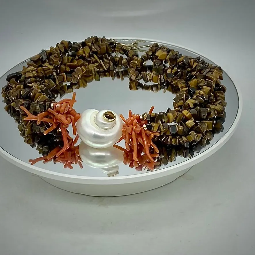 Tiger's Eye Necklace with Coral and Shell