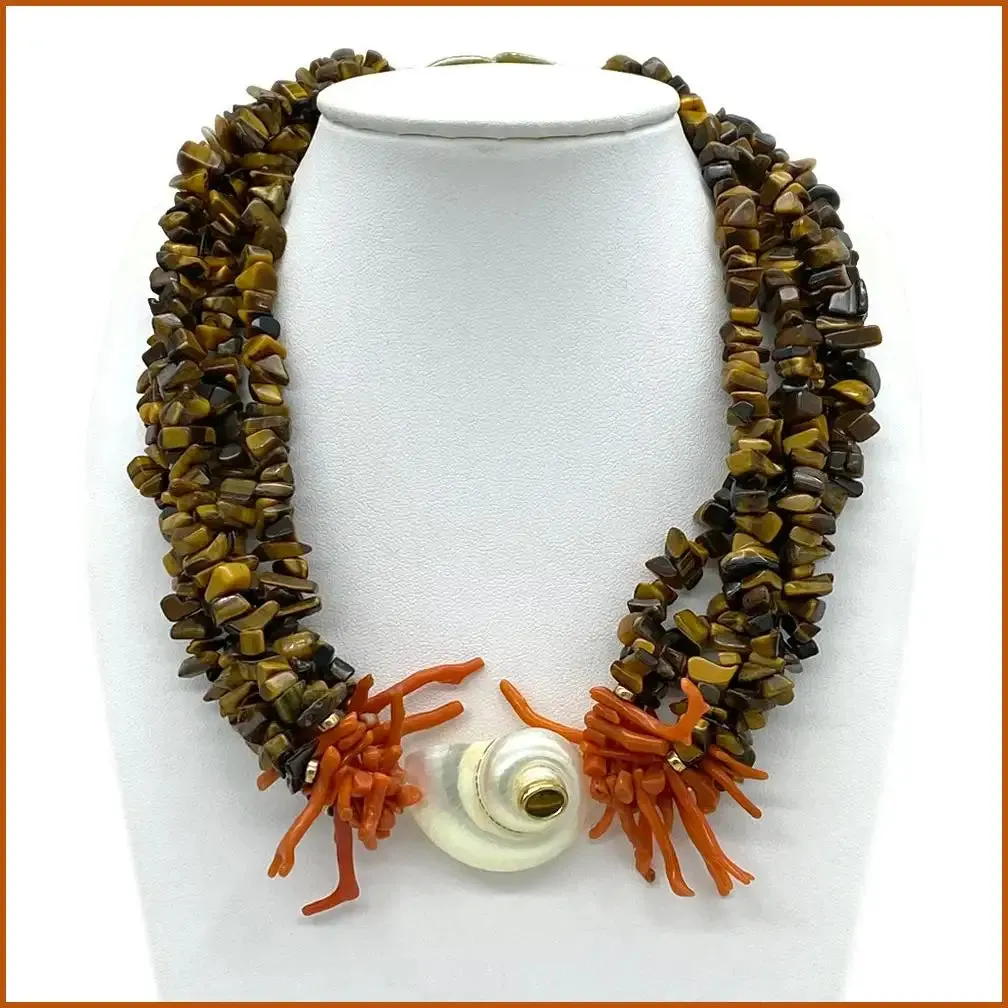 Tiger's Eye Necklace with Coral and Shell
